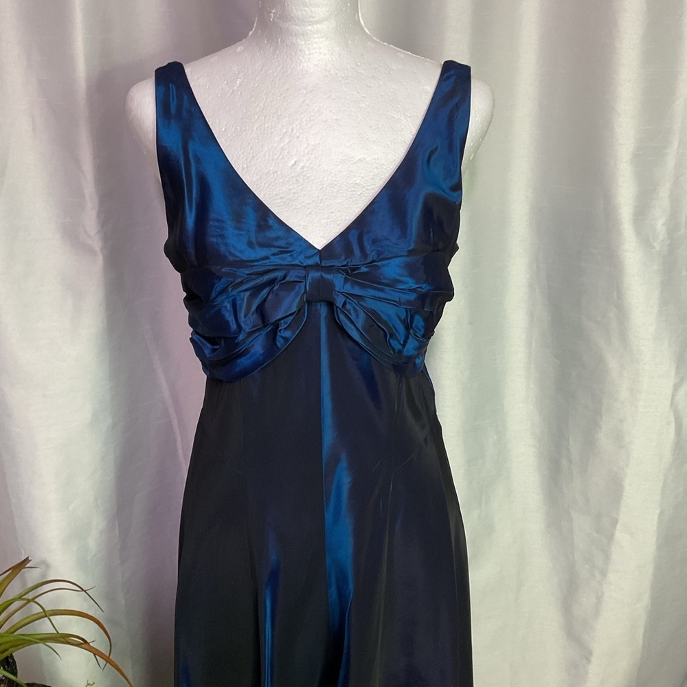 Suzi Chin for Maggy Boutique Blue Ruched Maxi Dress V neck Sleeveles - Picture 2 of 13